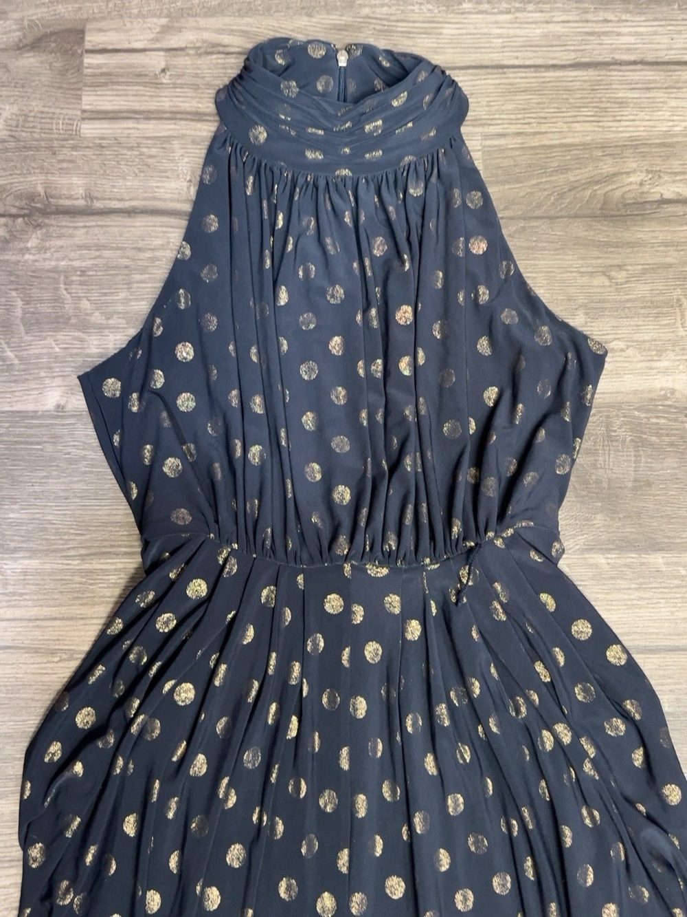 Tommy Hilfiger Navy Gold Metallic Polka Dot Halter Maxi Dress Size 10 - Picture 11 of 12